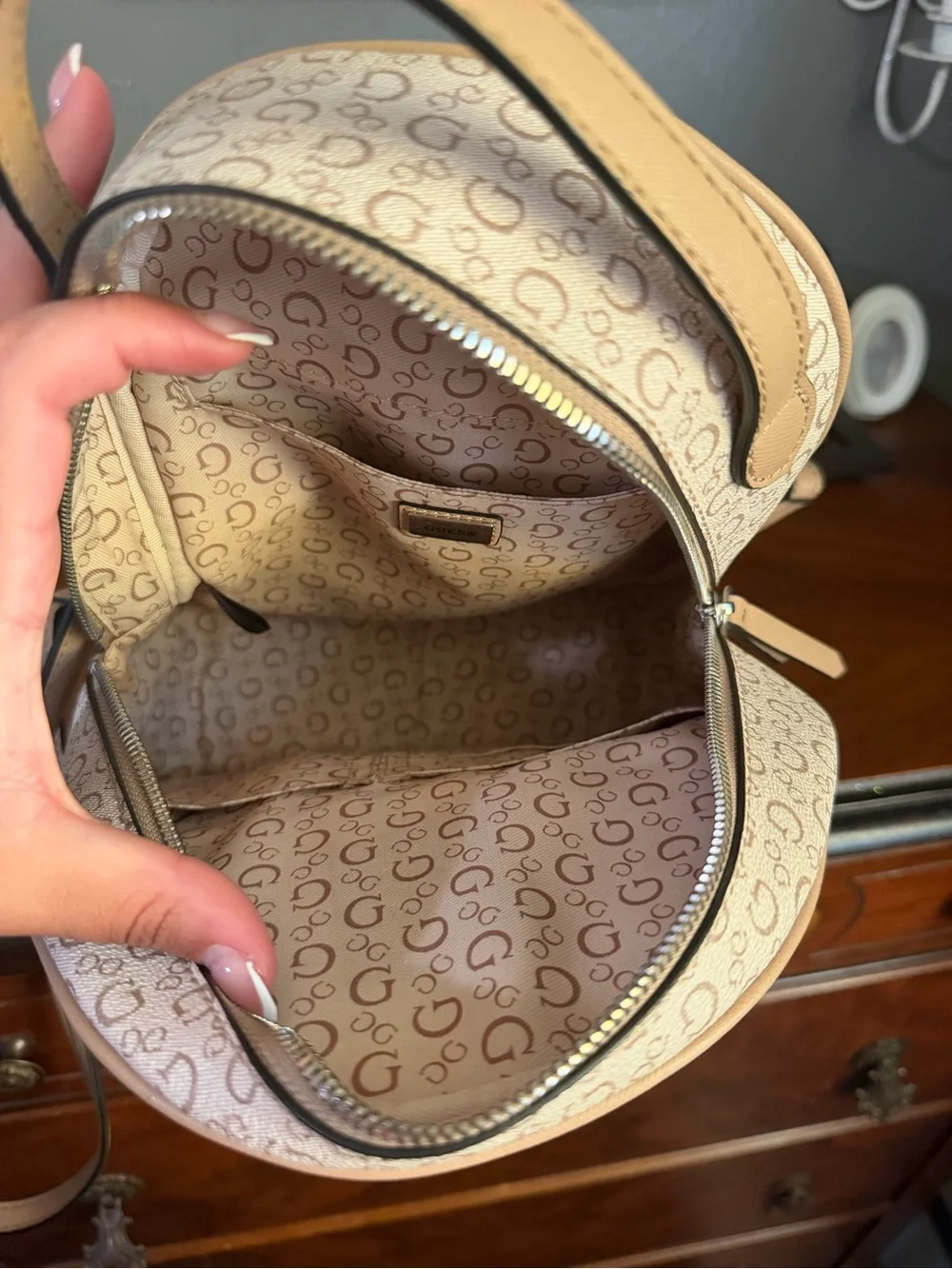GUESS Beige Logo-Print Mini Backpack with Front Zip